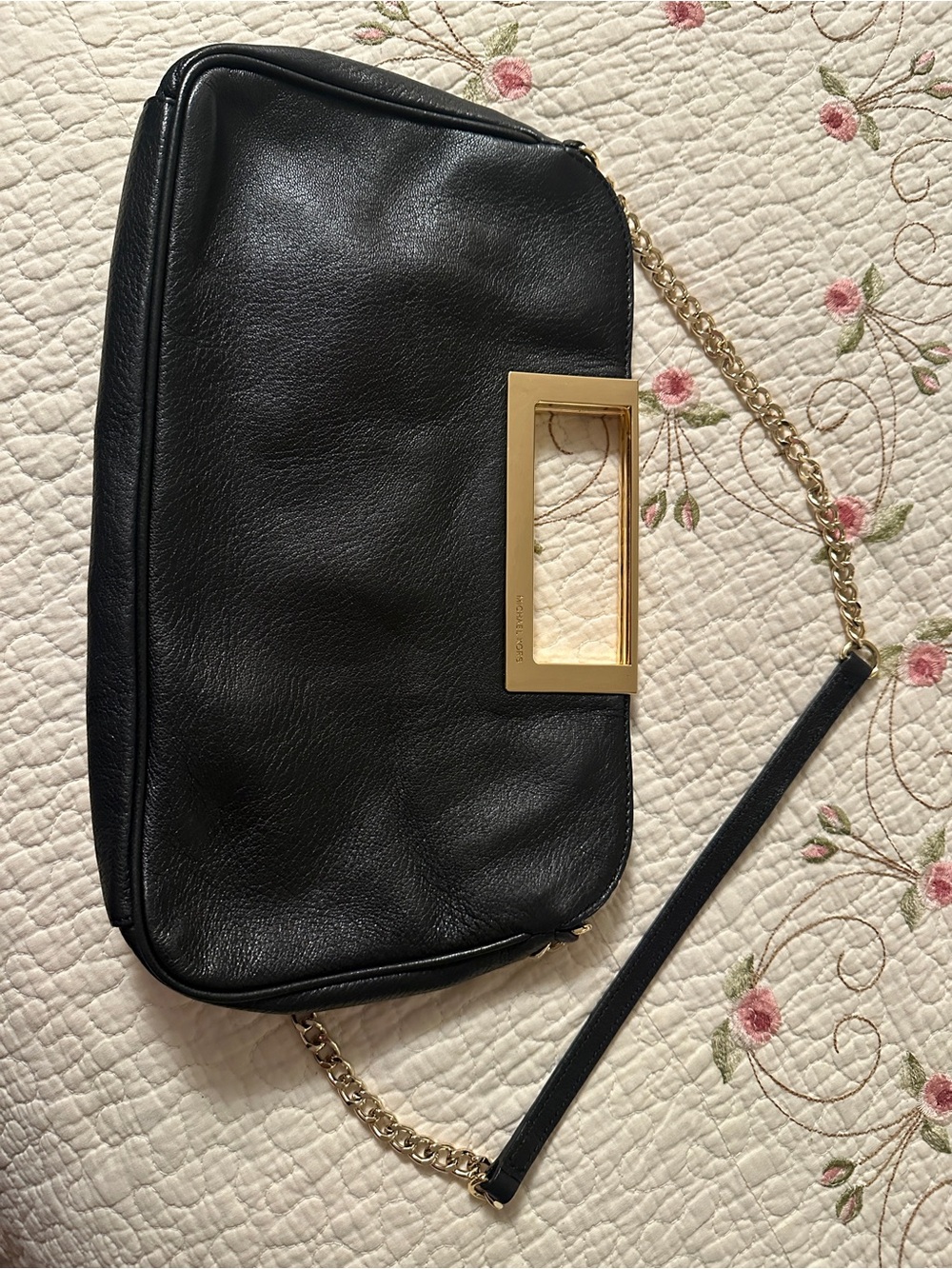 Michael Kors Black Leather Clutch with Gold-Tone Chain Detail